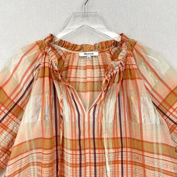 MADEWELL Plaid Tie Neck Ruffle Top Womens XXS Cream Orange 3/4 Sleeve Blouse - Picture 7 of 15